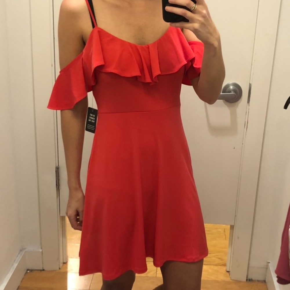 Express Off the Shoulder Coral Red Dress
